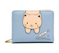 Splendid Cute Cat Wallet, Decorative Small Wallet, Short Bifold Zipper Mini Wallet, Leather Material, Cute Cat Purse Gifts for Girls and Women (Blue)