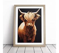 Splendid Highland Cow Framed Wall Art Print - Ready to Hang Picture - Modern Art for Living Room Bedroom Kitchen Home - Oak A4 (27 x 36 cm)