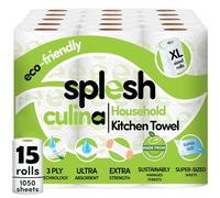 Splesh Culina Kitchen Towel - 15 XL Rolls (1050 Sheets) 3 Ply Ultra Absorbent & Extra Strong, Large Eco-Friendly Household Kitchen Rolls - 70 Super Sized Triple Layered Sheets Per Roll