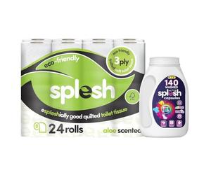 Splesh Toilet Rolls Aloe Vera 3-Ply 24 Ultra-Soft Rolls, with 140 Powerful Laundry Capsules, Powerful Stain Removal and Fabric Brightening, Ultimate Household Bundle