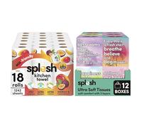 Splesh Ultra Soft Facial Tissues 12 Boxes with Mango Passionfruit Kitchen Towel 18 Rolls, Gentle & Absorbent Paper Tissues for Everyday Use, Strong & Highly Absorbent Household Combo