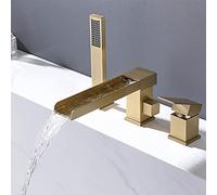 Split Bathtub Faucet, Waterfall Outlet Basin Faucet, Three-Piece Hot and Cold Water Mixer Tap, All Copper Tub Side Faucet Bathroom Shower Set,Bright Chrome, Brushed Gold