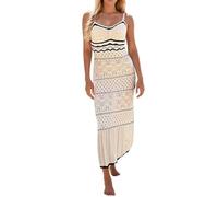 Split Maxi Dress Women's Spaghetti Strap Dress Crochet Eyelet Sleeveless Striped Midi Dress Summer Beach Knit Long Dresses Women Loose Short Sleeve Casual Dress A Line Swing (White, M)
