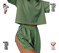 Split Short Pajama Set, Two Piece Set Striped Print Drop Shoulder Tee Wrap Crewneck Crop Lounge Shorts (UK, Alpha, L, Regular, Regular, Green)