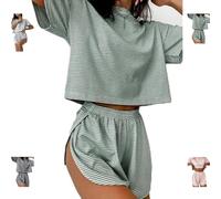 Split Short Pajama Set, Womens Striped Pajamas Set, Two Piece Set Striped Print Drop Shoulder Tee Wrap Split Shorts (UK, Alpha, S, Regular, Regular, Green)