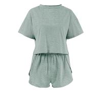 Split Short Pyjama Set, Pyjama Sets for Women 2 Piece Striped Printed Crewneck Drop Shoulder Tee and Side Split Shorts Set Loungewear