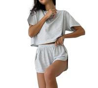 Split Short Pyjama Set, Pyjama Sets for Women 2 Piece Striped Printed Crewneck Drop Shoulder Tee and Side Split Shorts Set Loungewear