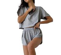 Split Short Pyjama Set, Pyjama Sets for Women 2 Piece Striped Printed Crewneck Drop Shoulder Tee and Side Split Shorts Set Loungewear