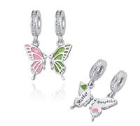 Splittable Mother Daughter Butterfly Dangle Charm Compatible with Pandora Charms Bracelets Love Heart Pink Green