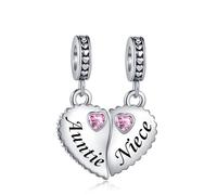 Splittable Pink CZ Auntie Niece Heart Dangle Charm fits Pandora Charms Bracelets Christmas Birthday Jewellery Gift for Women Family Love