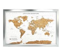 Splosh Travel Map World Framed Silver Cork And Wood Pin Board, 54 X 36 X 2 Cm, 100 Pins.