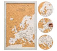 Splosh World Map Pin Board - Small Grey Europe Wooden Wall Travel World Map Poster Cork Board with 100 Pins Travel Gift for Past and Future Travels, Present