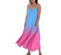 Splrit-MAN Beach Dresses for Women UK Casual Baggy Spaghetti Strap Gradient Printed Maxi Dresses with Pockets Lightweight Loose Fit Flowy Dress Lightweight Bohemia Cover Ups Trendy Vacation Sundress