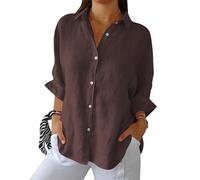 Splrit-MAN Cotton Linen T Shirts for Women Summer Casual Baggy Lightweight Business Solid Color Blouse Fashion Long Sleeve Button Down T-Shirt Plain Shirts Breathable Shirt Retro Shirts(Brown, XL)