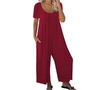 Splrit-MAN Dungarees for Women UK Ladies Baggy Oversized Solid Color Short Sleeve Trousers Costume with Pocket Vacation Crew Neck Wide Leg Onesies Boho One Piece Outfits Plus Size Beach Costumes Wine