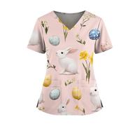 Splrit-MAN Easter Scrub Tops for Women UK Ladies Bunny Printed Healthcare V Neck Cute Easter Eggs Scrubs Tunics with Pockets Short Sleeve Nurse Workwear Beauty Tunic Medical Uniforms(Pink, XL)
