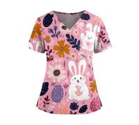 Splrit-MAN Easter Scrub Tops for Women UK Ladies Bunny Printed Healthcare V Neck Cute Easter Eggs Scrubs Tunics with Pockets Short Sleeve Nurse Workwear Beauty Tunic Medical Uniforms(Pink, L)