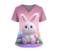 Splrit-MAN Easter Scrub Tops for Women UK Ladies Bunny Printed Healthcare V Neck Cute Easter Eggs Scrubs Tunics with Pockets Short Sleeve Nurse Workwear Beauty Tunic Medical Uniforms(Pink, 5XL)