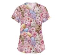 Splrit-MAN Easter Scrub Tops for Women UK Ladies Healthcare V Neck Cute Bunny Easter Eggs Scrubs Tunics with Pockets Short Sleeve Nurse Adult Workwear Beauty Tunic Medical Uniforms(Pink, M)