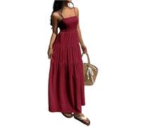 Splrit-MAN Maxi Dresses for Women UK Leisure Lightweight Spaghetti Strap Long Dresses with Ruffles Hem Casual Solid Color Smocked Cami Dress Loose Fit Vacation Beach Cover Ups Baggy Bohemia Sundress