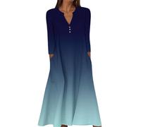 Splrit-MAN Petite Dresses for Women UK 9S Fancy Dress Cotton Women's Plus Size V-Neck Casual Solid Color/Gradient Printed 3/4 Sleeve Maxi with Pockets Chic Flowy Button Down Beach(Royal Blue, XL)