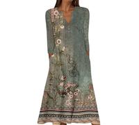Splrit-MAN Petite Dresses for Women UK Shirred Dress Women's Casual Elegant Midi Vintage Fashion 3/4 Sleeve Printed Maxi with Pockets Loose Flowy V Neck Long Chic Button Beach(Dark Green, S)