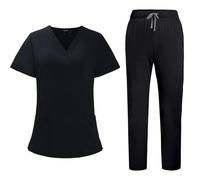 Splrit-MAN Professional Uniform Scrubs SetStretch Fitted V Neck Comfortable Tops & Pants with Pockets Medical Work Wear Nurse Workwear for Beauty Center Pet Grooming Healthcare Uniform(Black, S)