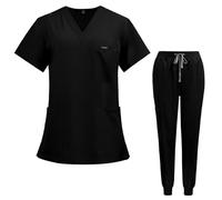 Splrit-MAN Scrubs Set for Women Medical Uniform Set with V Neck Short Sleeve Top Straight Leg Pants with Pockets Stretchy Drawstring Moisture-Wicking Healthcare Performance Scrub Suit(Black, XXL)