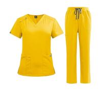 Splrit-MAN Scrubs Set for Women Medical Uniform Set with V Neck Short Sleeve Top Straight Leg Pants with Pockets Stretchy Drawstring Moisture-Wicking Healthcare Performance Scrub Suit(Yellow, M)