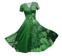 Splrit-MAN St. Patrick's Day Dresses for Women Ladies Paddy's V Neck Elegant Fancy Dress Irish Dancing Costumes Casual Short Sleeve Spring Cocktail Party Outfits(Green, S)