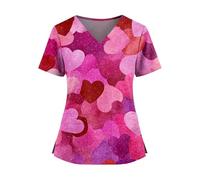 Splrit-MAN Valentines Scrub Tops Classic Fit V Neck Uniform Dog Grooming Workwear Valentines Scrub Tops Utility Shirt Work Top Short Sleeve Spa Salons Beauty Tunic Health Care Uniform(Hot Pink, M)
