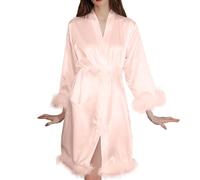 Splrit-MAN Women Feather Trim Bridesmaid Robe Ladies Feathered Silky Satin Robe for Wedding Party Bride Elegant Silk Robes Vintage Bathrobes Bridal Kimono Sleepwear Loungewear Home Coat(Pink, M)