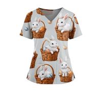 Splrit-MAN Women's Easter Nurse Scrubs Nurses Top Care Uniform Womens Bunny Printed Healthcare V Neck Cute Easter Eggs Scrubs Tunics with Pockets Beauty Tunic Workwear Medical Uniforms(Light Gray, L)