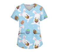 Splrit-MAN Womens Easter Scrub Tops Beauty Tunic with Pockets V Neck Short Sleeve Working Uniform Tops Eater Bunny Eggs T Shirt Loose Fit Healthcare Shirts Ladies Blouse Tunic Top(Light Blue, S)