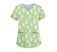 Splrit-MAN Womens Easter Scrub Tops Beauty Tunic with Pockets V Neck Short Sleeve Working Uniform Tops Eater Bunny Eggs T Shirt Loose Fit Healthcare Shirts Ladies Blouse Tunic Top(Light Blue, XL)