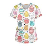 Splrit-MAN Womens Easter Scrub Tops Beauty Tunic with Pockets V Neck Short Sleeve Working Uniform Tops Eater Bunny Eggs T Shirt Loose Fit Healthcare Shirts Ladies Blouse Tunic Top(Army Green, L)