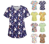 Splrit-MAN Womens Easter Scrub Tops Beauty Tunic with Pockets V Neck Short Sleeve Working Uniform Tops Eater Bunny Eggs T Shirt Loose Fit Healthcare Shirts Ladies Blouse Tunic Top(Sky Blue, XL)