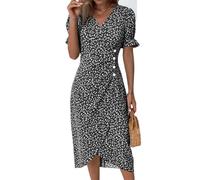 Splrit-MAN Women's Maxi Dresses White Dress for Women Skort Summer Elegant Floral Printed Puff Sleeve High Waisted Button Midi with Split Slit Hem Lounge V Neck Sundresses Long(Black, M)