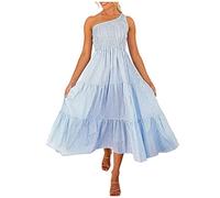 Splrit-MAN Women's Summer Irregular Neck Single Sling Rib Floral Printed Stitching Maxi Dress High Waist Elastic Band Vacation Dress Soft Slim Fit Comfortable Elegant Maxi Dress (Blue-a, XXL)