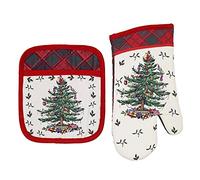 Spode - 2pc Kitchen Set, Oven Mitt & Pot Holder, Holiday Home Decor Christmas Tree Tartan Collection