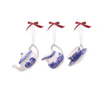 Spode Blue Italian Collection, 3 Piece Tea Set Ornaments, Teapot, Creamer, & a Teacup & Saucer, Use as a Napkin Ring, Hanging Ornament, Gift, Or Home Decoration