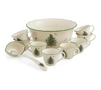 Spode Christmas Tree 10 Piece Punch Set - Fine Porcelain Holiday Serveware Includes 1 Serving Bowl, 1 Ladle & 8 Cups, 11-Inch Bowl & 8 oz Cups, Festive Christmas Tableware & Holiday Entertaining