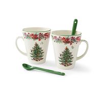 Spode Christmas Tree 2023 Annual 4pc Mug and Spoon Set | Christmas Mugs - Microwave & Dishwasher Safe | Cute Coffee Mugs | Porcelain Coffee Cup & Spoon | 13-Ounce Coffee Mug, Red
