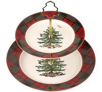 Spode - Christmas Tree Collection - Tartan 2 Tiered Server - Upper Plate 8" Lower Plate 10" - Dishwasher, Microwave, and Freezer Safe