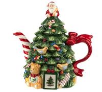 Spode Christmas Tree Figural Teapot - Festive 27 oz Christmas Teapot with Mistletoe Accents, Peppermint Stripe Spout, and Ribbon Handle - Decorative Dolomite Tea Pot for Holiday Tea Parties