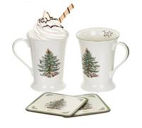 Spode Christmas Tree Mug and Coaster Set, Set of 2 | 2 Mugs & 2 Matching Coaster Set, Spode Tree Pattern, Heat & Stain Resistant, Great for Gifting, Melamine Construction