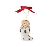 Spode Christmas Tree Puppy in Boot Ornament Festive Holiday Bauble for Christmas Tree Earthenware Hanging Decoration with Red Ribbon for Easy Hangin