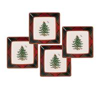 Spode Christmas Tree Tartan Square Tidbit Plates (Set of 4) - 5" Holiday Appetizer Platter for Christmas Entertaining - Traditional Tartan Plaid with Iconic Tree Motif - Microwave & Dishwasher Safe