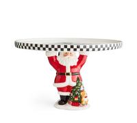 Spode Figural Santa Cake Plate - 11" Dolomite Dessert Stand with Black & White Checkered Border & Christmas Tree Motif - Festive Holiday Serveware Display Platter - Great for Serving Dessert