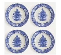 Spode x Blue Italian Christmas Tree 4-Piece Plate Set (20cm) - Festive Blue & White Earthenware Side Plates for Holiday Dining, Desserts and Seasonal Entertaining